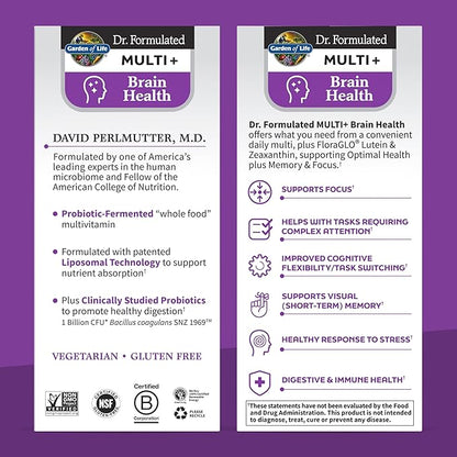 Garden of Life Dr Formulated Multi+ Brain Health, Fermented Liposomal Multivitamin + Lutein & Zeaxanthin, Vitamin D3 & Probiotics - Memory & Focus Support, Digestive & Immune Health, 30 Capsules