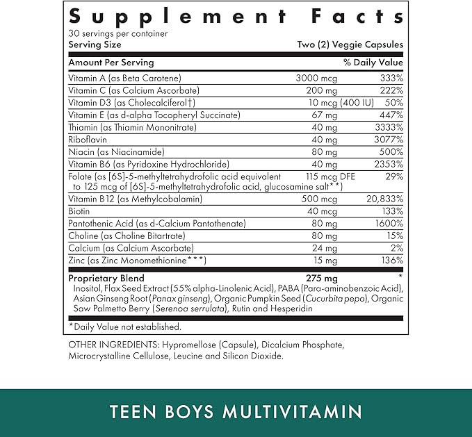 MICHAEL'S Health Naturopathic Programs Teen Boys - 60 Vegetarian Capsules - Daily Multivitamin Supplement - Kosher - 30 Servings