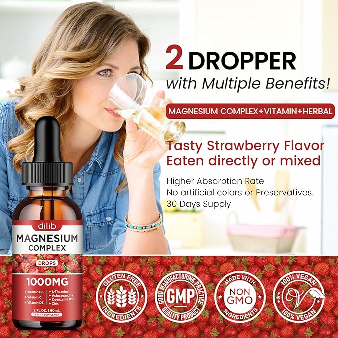 Triple Magnesium Complex Supplement, Magnesium Glycinate, Blend, Citrate Liquid Drops 1000mg with Ashwagandha, CoQ10, Vitamin B6, C, D, Zinc -Support Calm Stress Relief, Bone, Muscle, Mood Vegan