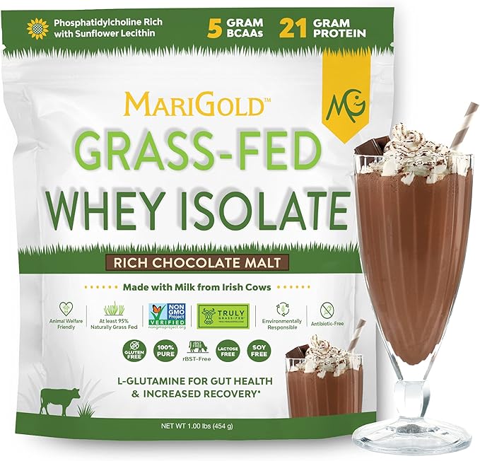 MariGold Grass-fed Whey Protein Isolate Powder - Rich Chocolate Malt Flavor - 1 Lb | 100% Pure, Cold-Processed, Micro-Filtered, Undenatured, Non-GMO, rBGH Free, Soy Free, Gluten Free, Lactose Free
