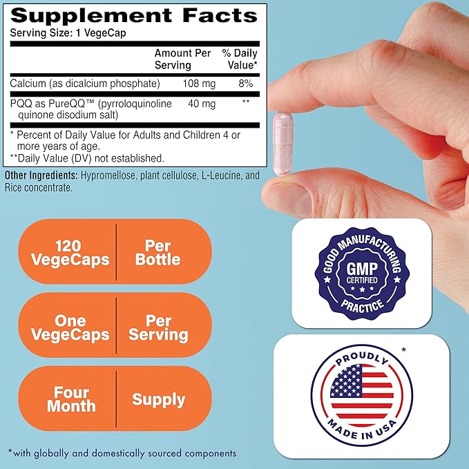 Health Thru Nutrition PQQ 40mg 120 Servings Pyrroloquinoline Quinone as PureQQ | Promotes Mitochondrial Biogenesis | Certified Vegan | Non-GMO Gluten Soy Free Capsules| Clean Label PQQ Supplement