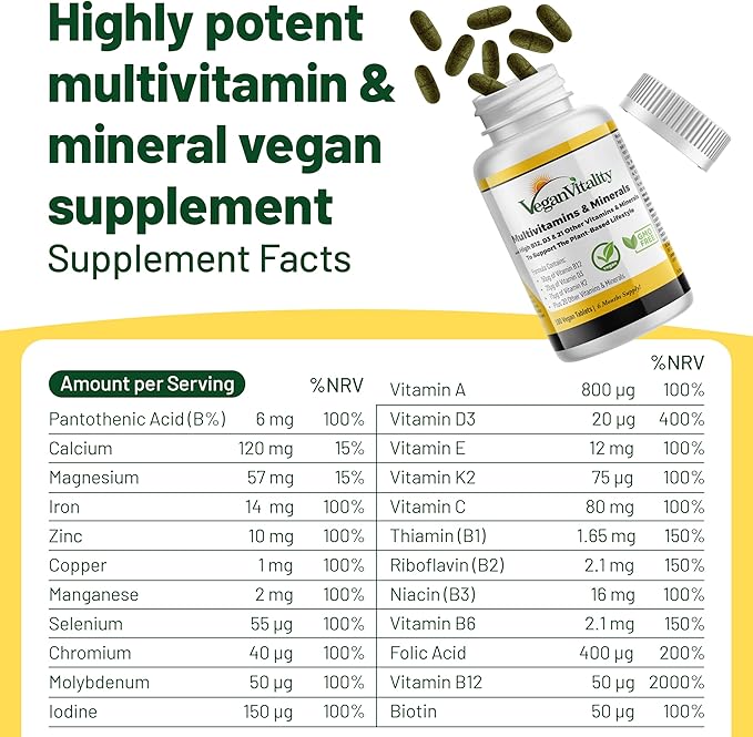 Vegan Multivitamins & Minerals for Women and Men with High Strength Vitamin B12, D3 & K2. 180 Multivitamin Tablets - 6 Months Supply. Vitamins for Vegans & Vegetarians