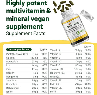 Vegan Multivitamins & Minerals for Women and Men with High Strength Vitamin B12, D3 & K2. 180 Multivitamin Tablets - 6 Months Supply. Vitamins for Vegans & Vegetarians