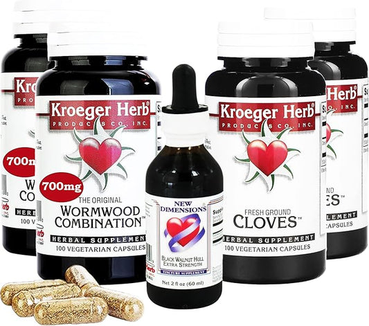 Kroeger Herb, Wormwood Herb Supplement Kit, Black Walnut, Clove, Quassia, Worm Wood Detox Cleanse - Capsules, Non-GMO, Gluten Free, No Preservatives or Fillers, Made in USA