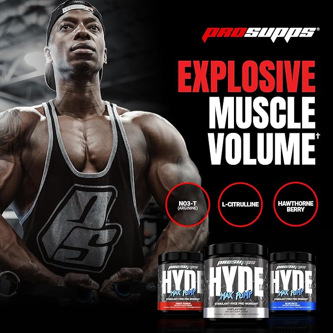 PROSUPPS Hyde Max Pump Pre Workout for Men and Women - Nitric Oxide Supplement for Pump and Endurance - Stimulant Free Pre Workout to Promote Blood Flow and Muscle Strength (Fruit Punch, 20 Servings)