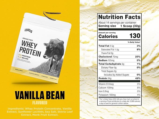 Levels Grass Fed Whey Protein Powder, No Artificials, 24G of Protein, Vanilla Bean, 1LB
