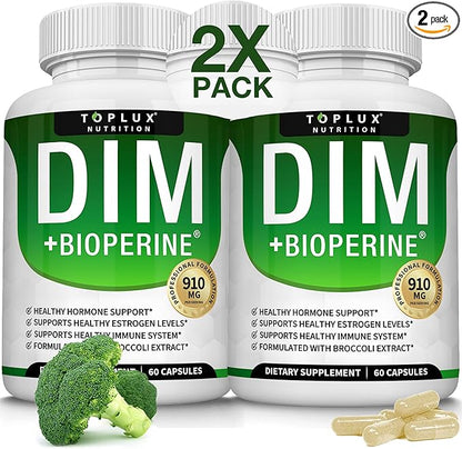 Dim Supplement 910 mg Plus BioPerine Complex - Diindolylmethane to Support Hormone Balance and Estrogen Metabolism, Helps with Menopause Acne PCOS Better Skin Bodybuilding, for Men Women, 60 Capsules