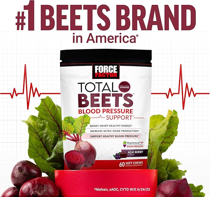 Force Factor Total Beets Blood Pressure Support Supplements with Beet Powder, Great-Tasting Beets Chewables for Heart-Healthy Energy, and Increased Nitric Oxide, 60 Chews
