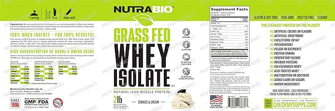 NutraBio Grass Fed Whey Isolate Protein Powder - 25G of Protein Per Scoop - Sugar Free Natural Lean Muscle Protein Supplement - Cookies & Cream - 2 Pounds, 29 Servings
