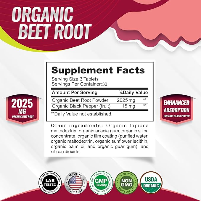 Organic Beet Root Powder Tablets - 2040mg Natural Nitric Oxide Beets to Support, Energy, Black Pepper Better Absorption, Non-GMO, for Men Women, 90 Tablets