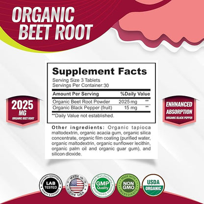 Organic Beet Root Powder Tablets - 2040mg Natural Nitric Oxide Beets to Support, Energy, Black Pepper Better Absorption, Non-GMO, for Men Women, 90 Tablets