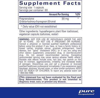 Pure Encapsulations Pregnenolone - 30 mg - Hormone Support - Memory Support & Brain Supplement - Gluten Free & Vegan - 60 Capsules
