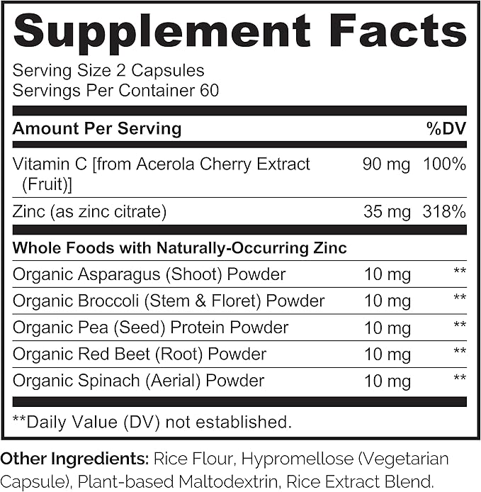 NATURELO Vegan Zinc Immune Support Capsules - Whole Food Complex with Vitamin C for Healthy Skin, Hair, and Nails - 120 Capsules (2 Pack)
