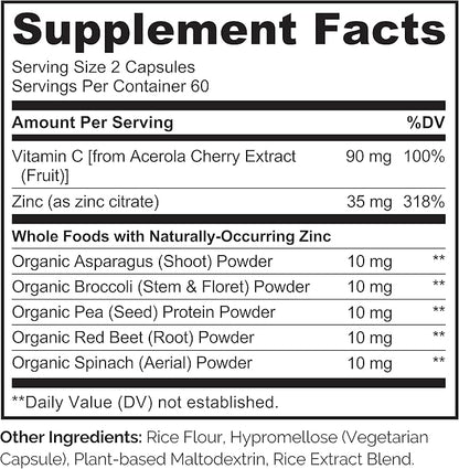 NATURELO Vegan Zinc Immune Support Capsules - Whole Food Complex with Vitamin C for Healthy Skin, Hair, and Nails - 120 Capsules (2 Pack)