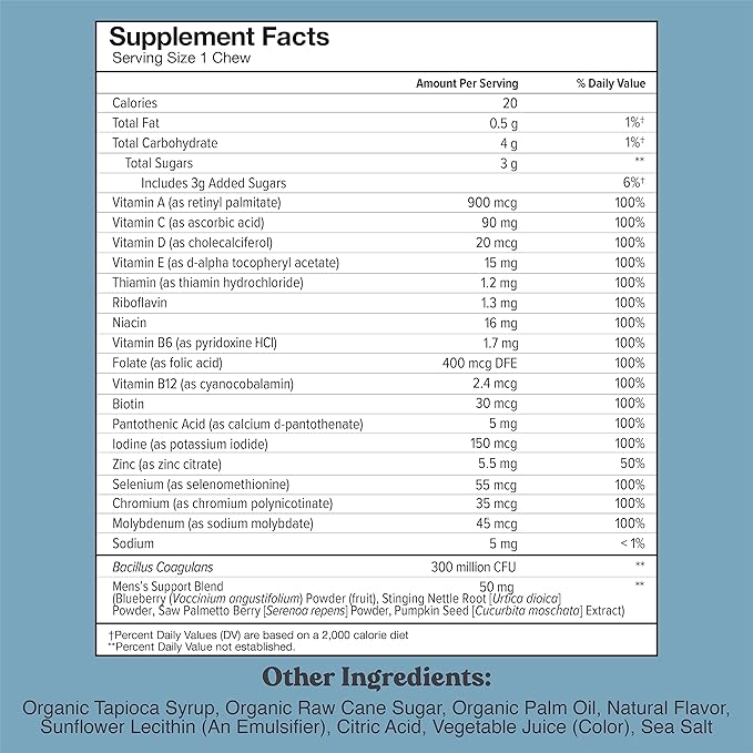 Chewsy Men's Multivitamin Chews, Immune & Energy Support, Vitamin A, B12, C, D3, E, Folic Acid, Probiotics, Saw Palmetto, Zinc, Adult Chewable Vitamin, Individually Wrapped Chews, 6-Day Supply (1)