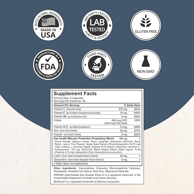 NuBest AREDS 2 Eye Vitamins Eye Health with Beta Carotene Carrot Powder, 20mg Lutein, 4mg Zeaxanthin, Bilberry, Grape Seed, BioPerine, B-Complex, Multivitamin for Eye Health - 120 Vegan Capsules