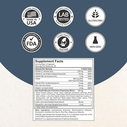NuBest AREDS 2 Eye Vitamins Eye Health with Beta Carotene Carrot Powder, 20mg Lutein, 4mg Zeaxanthin, Bilberry, Grape Seed, BioPerine, B-Complex, Multivitamin for Eye Health - 120 Vegan Capsules