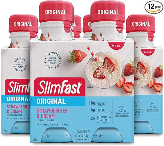 SlimFast Meal Replacement Shake, Original Strawberries & Cream, 10g of Ready to Drink Protein for Weight Loss, 11 Fl. Oz Bottle, 4 Count (Pack of 3) (Packaging May Vary)