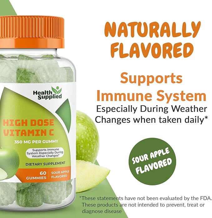 Sour Apple Flavored Vitamin C Gummies Mega Dose - 1050 mg Vitamin C - Boosts Immune System and Supports Heart Health - Great Tasting and Easy to Swallow (2 Pack)