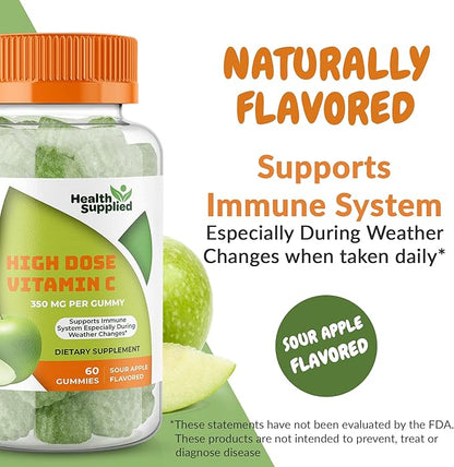 Sour Apple Flavored Vitamin C Gummies Mega Dose - 1050 mg Vitamin C - Boosts Immune System and Supports Heart Health - Great Tasting and Easy to Swallow (2 Pack)