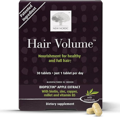 New Nordic Hair Volume Tablets, 3000 mcg Biotin & Biopectin Apple Extract, Hair Vitamins to Support Natural Hair Growth for Thicker, Fuller Hair, for Men and Women, 30 Count (Pack of 1)