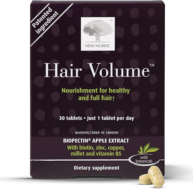 New Nordic Hair Volume Tablets, 3000 mcg Biotin & Biopectin Apple Extract, Hair Vitamins to Support Natural Hair Growth for Thicker, Fuller Hair, for Men and Women, 30 Count (Pack of 1)