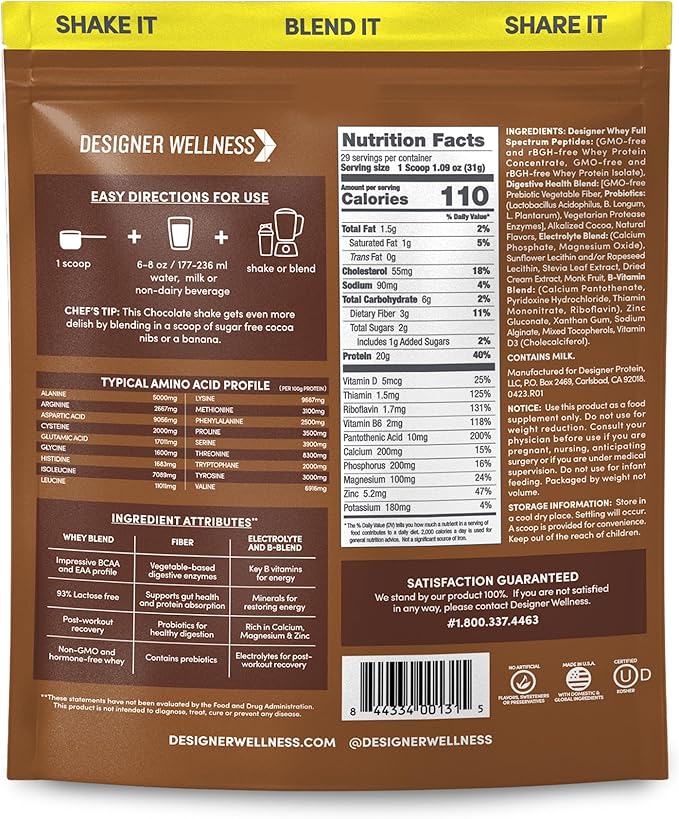 Designer Wellness, Designer Whey, Natural Whey Protein Powder with Probiotics, Fiber, and Key B-Vitamins for Energy, Gluten-Free, Gourmet Chocolate, 2 lb