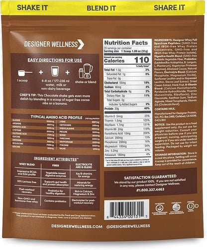 Designer Wellness, Designer Whey, Natural Whey Protein Powder with Probiotics, Fiber, and Key B-Vitamins for Energy, Gluten-Free, Gourmet Chocolate, 2 lb