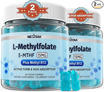 L-MethylFolate 15mg & Methyl B12 Gummies, Methylated B1, B2, B6 Multivitamins - Active 5-MTHF & High Absorption - Supports MTHFR Gene, Cognition, Homocysteine Levels, Folate Metabolism, Vegan, 120 Cts