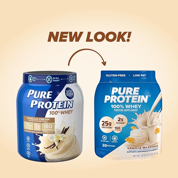 pure protein Powder - Whey, High Protein, Low Sugar, Gluten-Free, Vanilla Cream Flavor - 1 lb (Packaging May Vary) (Pack of 2)