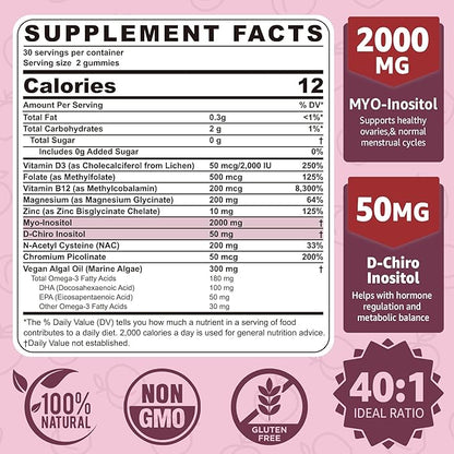 Myo-Inositol & D-Chiro Inositol Gummies 2050mg for Women with Vegan Omega-3 + D3, Magnesium Glycinate, Methyl Folate + B12, 40:1 Ratio Inositol for Hormone Balance, Fertility & Ovarian, Sugar Free