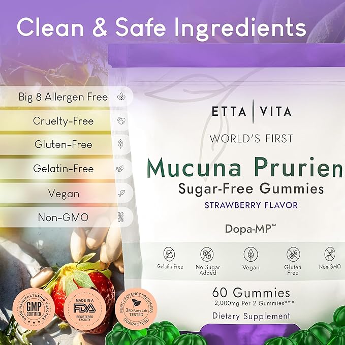 Dopamine Supplement - Sugar-Free Mucuna Pruriens Gummies (2g/serving) Energy & Focus Gummies - Potent Mucuna Pruriens Extract Supplement for Calm Mood and Motivation, Vegan, Non-GMO, Gluten-Free, 60ct