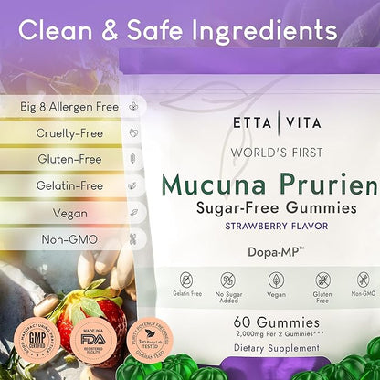 Dopamine Supplement - Sugar-Free Mucuna Pruriens Gummies (2g/serving) Energy & Focus Gummies - Potent Mucuna Pruriens Extract Supplement for Calm Mood and Motivation, Vegan, Non-GMO, Gluten-Free, 60ct