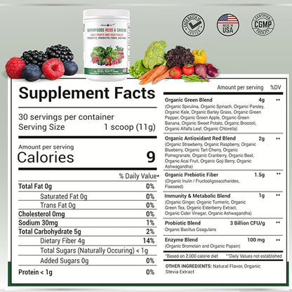 Superfood Reds & Greens Powder - 11.64 oz, Prebiotics & Probiotics for Digestive Health, Super Greens Powder with Ashwagandha for Gut Health, Immunity, Antioxidants, Vegan, Non-GMO