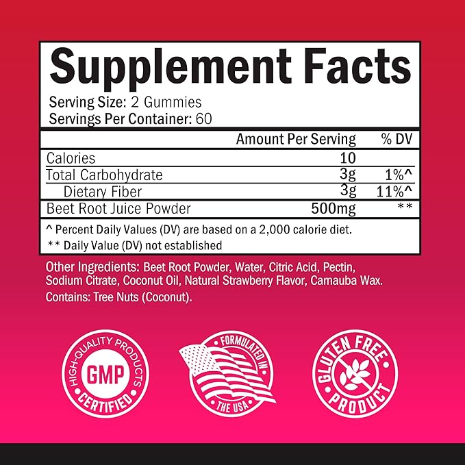 Sugar Free Beet Root Gummies - Nitric Oxide Beet Chews Infused with Coconut Oil for Highest Absorption - Supports Energy & Whole Body Health - Delicious Strawberry Flavor - 120 Count (60 Day Supply)