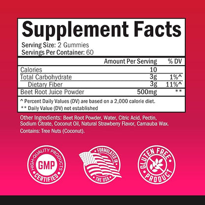 Sugar Free Beet Root Gummies - Nitric Oxide Beet Chews Infused with Coconut Oil for Highest Absorption - Supports Energy & Whole Body Health - Delicious Strawberry Flavor - 120 Count (60 Day Supply)