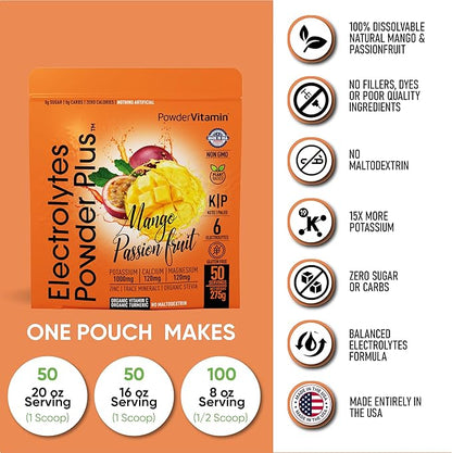 Electrolytes Powder Plus (50 Servings) Mango Passionfruit Electrolyte Powder Zero Calorie Keto, 0 Sugar, No Maltodextrin,1000mg Potassium,120mg Calcium,120mg Magnesium, Hydration Powder