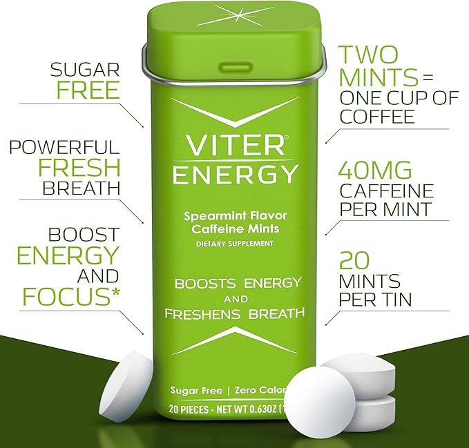 Viter Energy Caffeine Mints (120 Pieces) - 40mg Caffeine, Sugar Free, Vegan Breath Mints, B Vitamin Complex, Energy Caffeine Pills (Spearmint, 6 Pack)