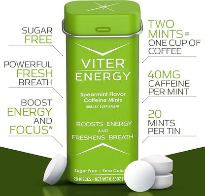 Viter Energy Caffeine Mints (120 Pieces) - 40mg Caffeine, Sugar Free, Vegan Breath Mints, B Vitamin Complex, Energy Caffeine Pills (Spearmint, 6 Pack)