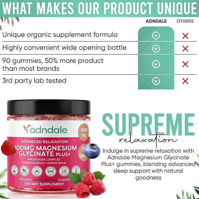 90 CT Magnesium Glycinate Gummies 400 mg/Serv - with Ashwagandha, Magnesium Malate & Taurate - Sugar Free Chews for Adults & Kids Relaxation, Stress Relief, Night Rest, Muscle & Cardio Support