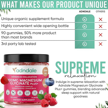 90 CT Magnesium Glycinate Gummies 400 mg/Serv - with Ashwagandha, Magnesium Malate & Taurate - Sugar Free Chews for Adults & Kids Relaxation, Stress Relief, Night Rest, Muscle & Cardio Support