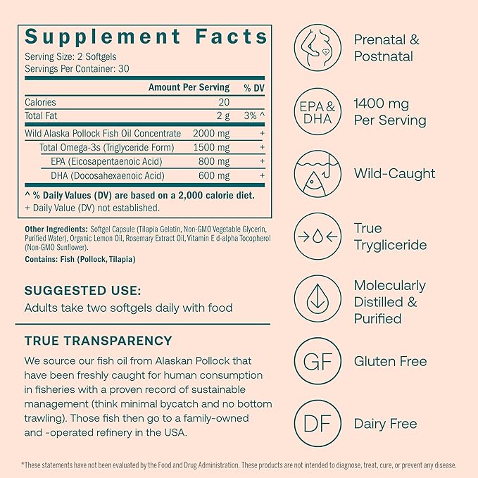 True Grace Prenatal DHA - 60 Softgels - 1400mg of DHA & EPA - for Pre-Conception, Pregnancy & Lactation - Wild Caught & Sustainably Sourced - Gluten Free - 30 Day Supply