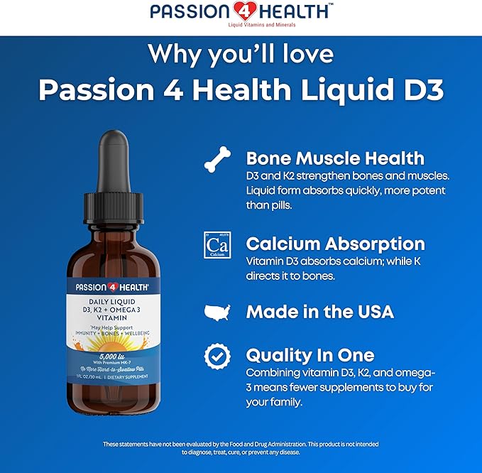 Passion 4 Health Organic Liquid Vitamin D3 (5000IU) + K2 (Mk-7) + Omega 3 Supplement - Support for Healthy Bones and Muscles (1)