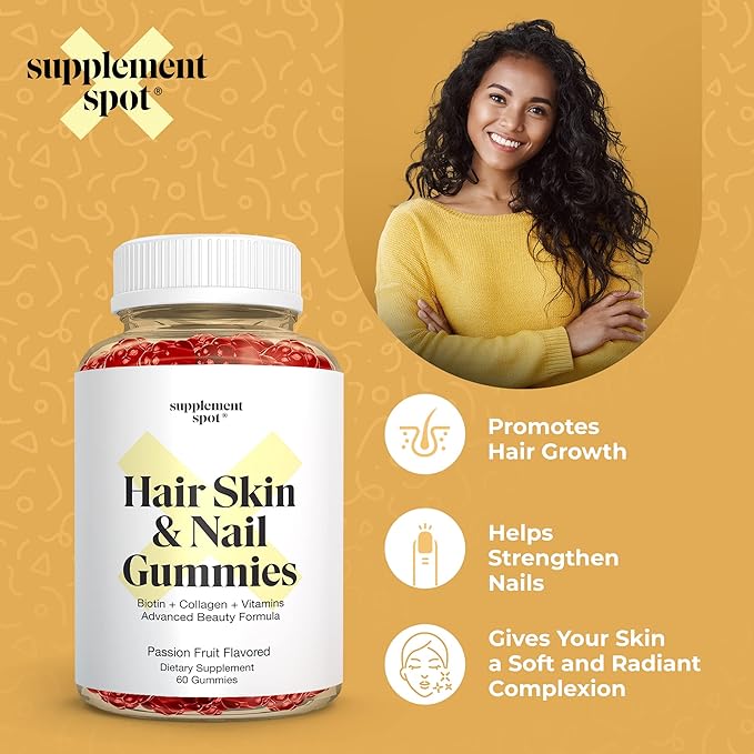 Hair Skin and Nails Vitamins, 6000 mcg Biotin Gummies w/Collagen & Vitamins, Passion Fruit Flavored Hair Vitamins, Gluten Free Collagen Supplements (60 Count)