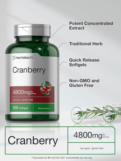 Horbäach Cranberry Pills 4800mg | 300 Softgels | Non-GMO, Gluten Free Supplement | from Concentrate Extract