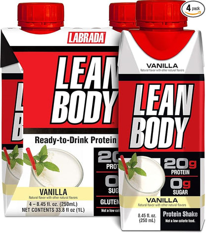 Lean Body Ready-to-Drink Vanilla Protein Shake, 20g Protein, Whey Blend, 0 Sugar, Gluten Free, 22 Vitamins & Minerals, (Recyclable Carton & Lid - Pack of 4)