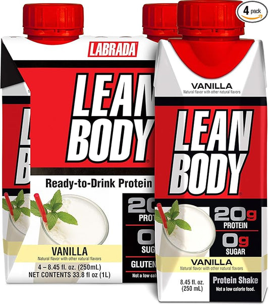 Lean Body Ready-to-Drink Vanilla Protein Shake, 20g Protein, Whey Blend, 0 Sugar, Gluten Free, 22 Vitamins & Minerals, (Recyclable Carton & Lid - Pack of 4)