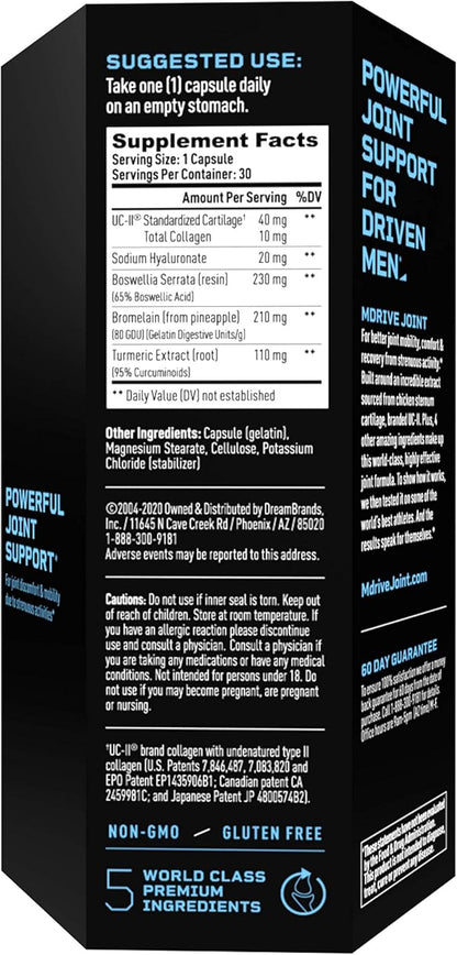 Mdrive Joint Support Supplement for Men - Supports Healthy Joint Function, Flexibility, Comfort & Mobility - Features UC-II Collagen, Turmeric Curcumin & Sodium Hyaluronate from Hyaluronic Acid, 30ct