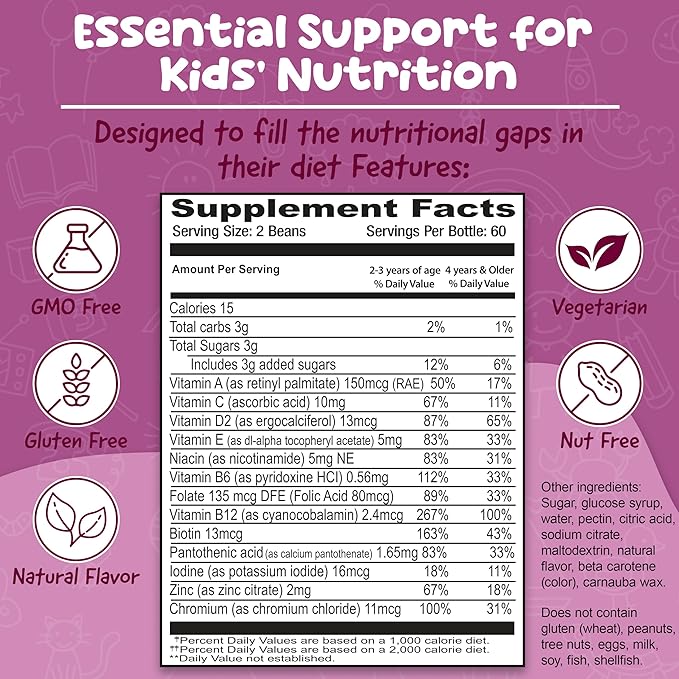 Multivitamin Jelly Beans - Chewable Vitamins Gummies with Zinc for Kids - Immune Support Vitamin Supplements - Vegetarian Multivitamins Gummy Supplement for Childrens - 120 Berry Beans