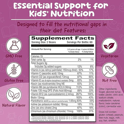 Multivitamin Jelly Beans - Chewable Vitamins Gummies with Zinc for Kids - Immune Support Vitamin Supplements - Vegetarian Multivitamins Gummy Supplement for Childrens - 120 Berry Beans